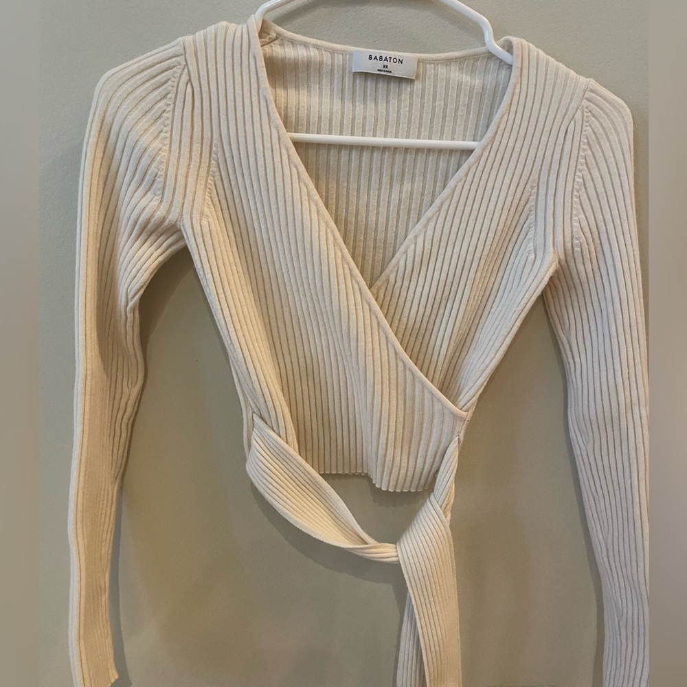 Aritzia Cream Ribbed Wrap Sweater